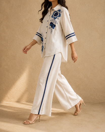 Blue Floral Embroidered khadi cotton Co-ords set