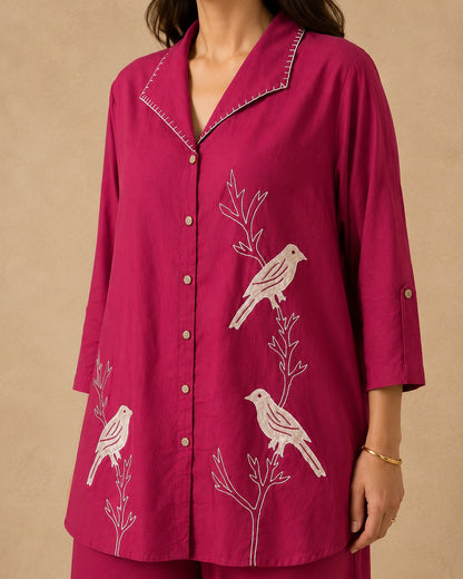 Magenta Pink Bird Embroidery Cotton Co-ord Set