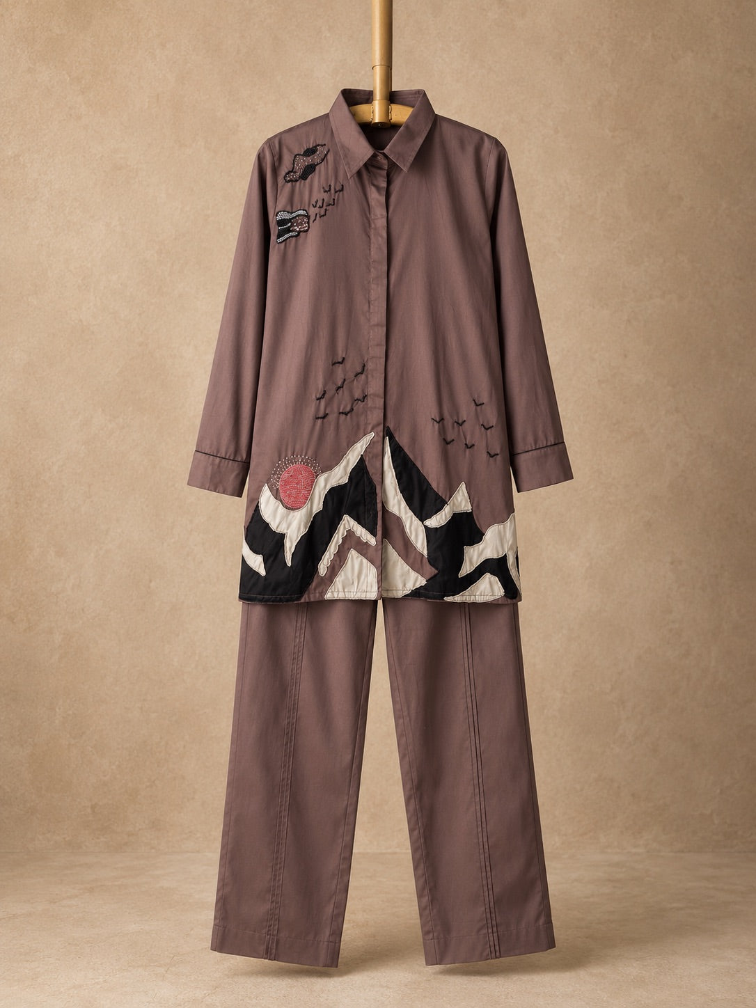Mauve Brown Handwork Mountain Applique Co-ord Set