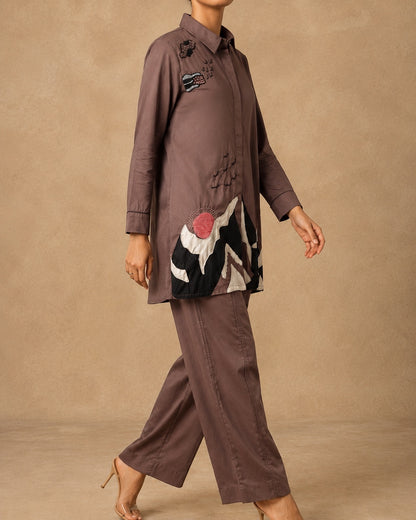 Mauve Brown Handwork Mountain Applique Co-ord Set
