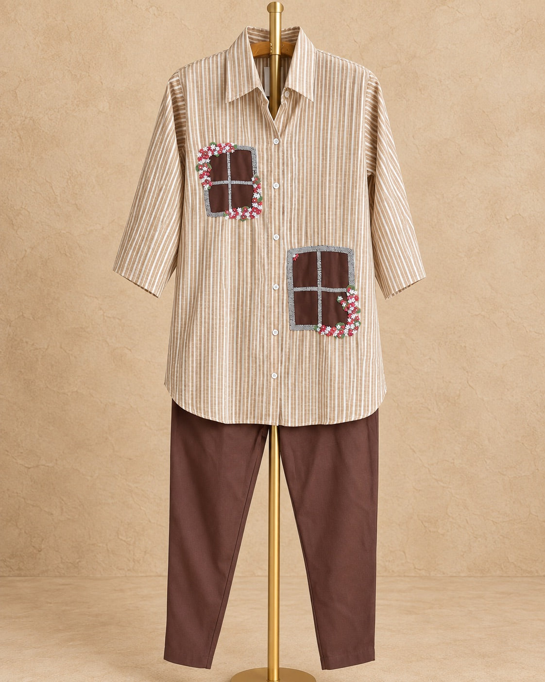 Tan Stripe & Brown Linen Cotton Handwork Co-ord Set