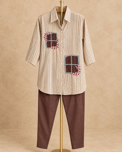 Tan Stripe & Brown Linen Cotton Handwork Co-ord Set