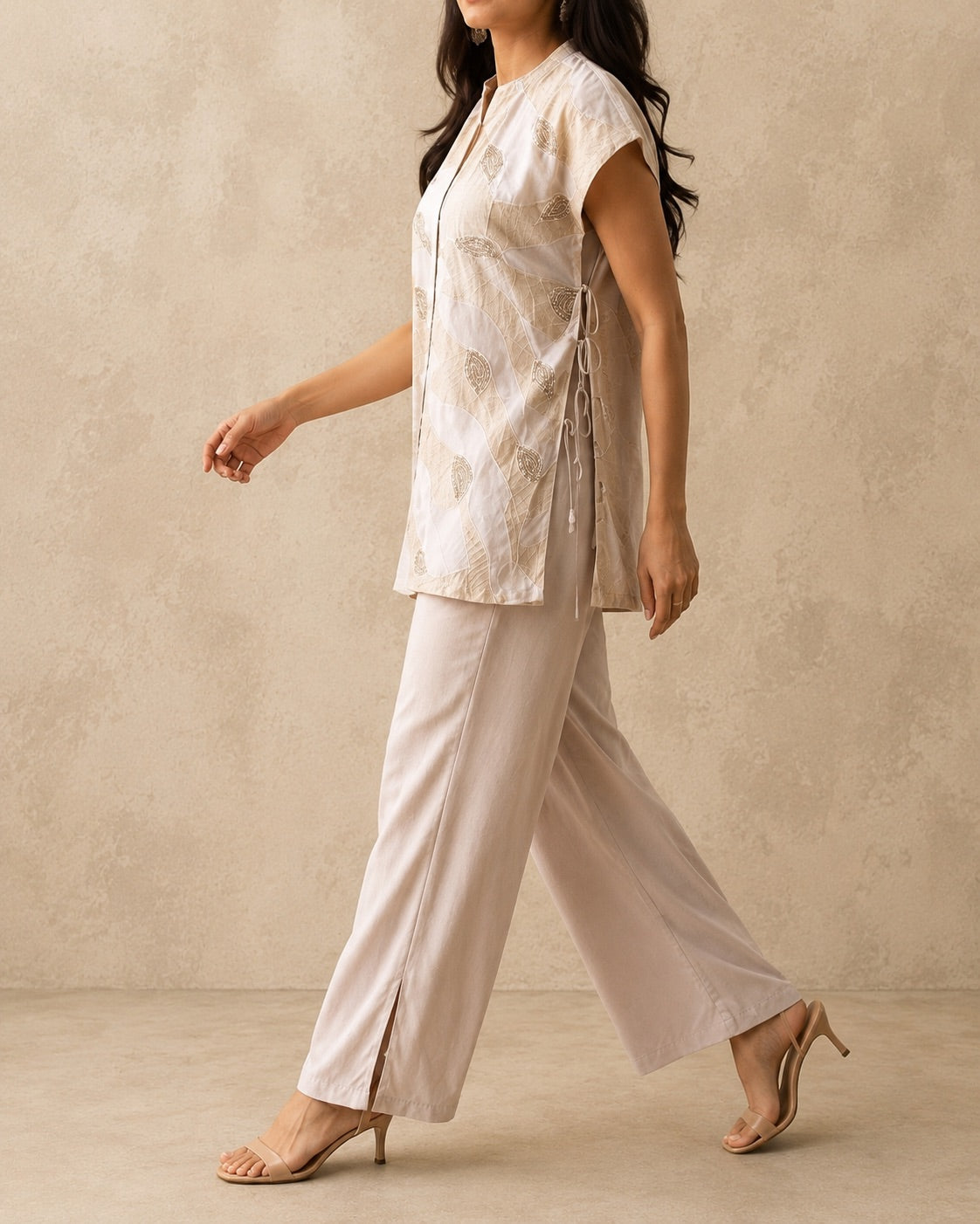 Ivory Organza Cape Co-Ord Set | Crepe Inner & Pants