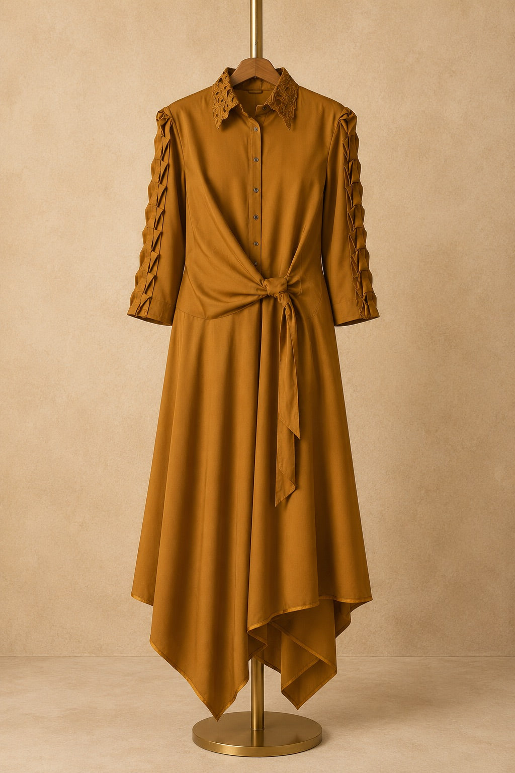 Mustard Asymmetrical High-Low Hem Dress - Cotton Flex Fabric
