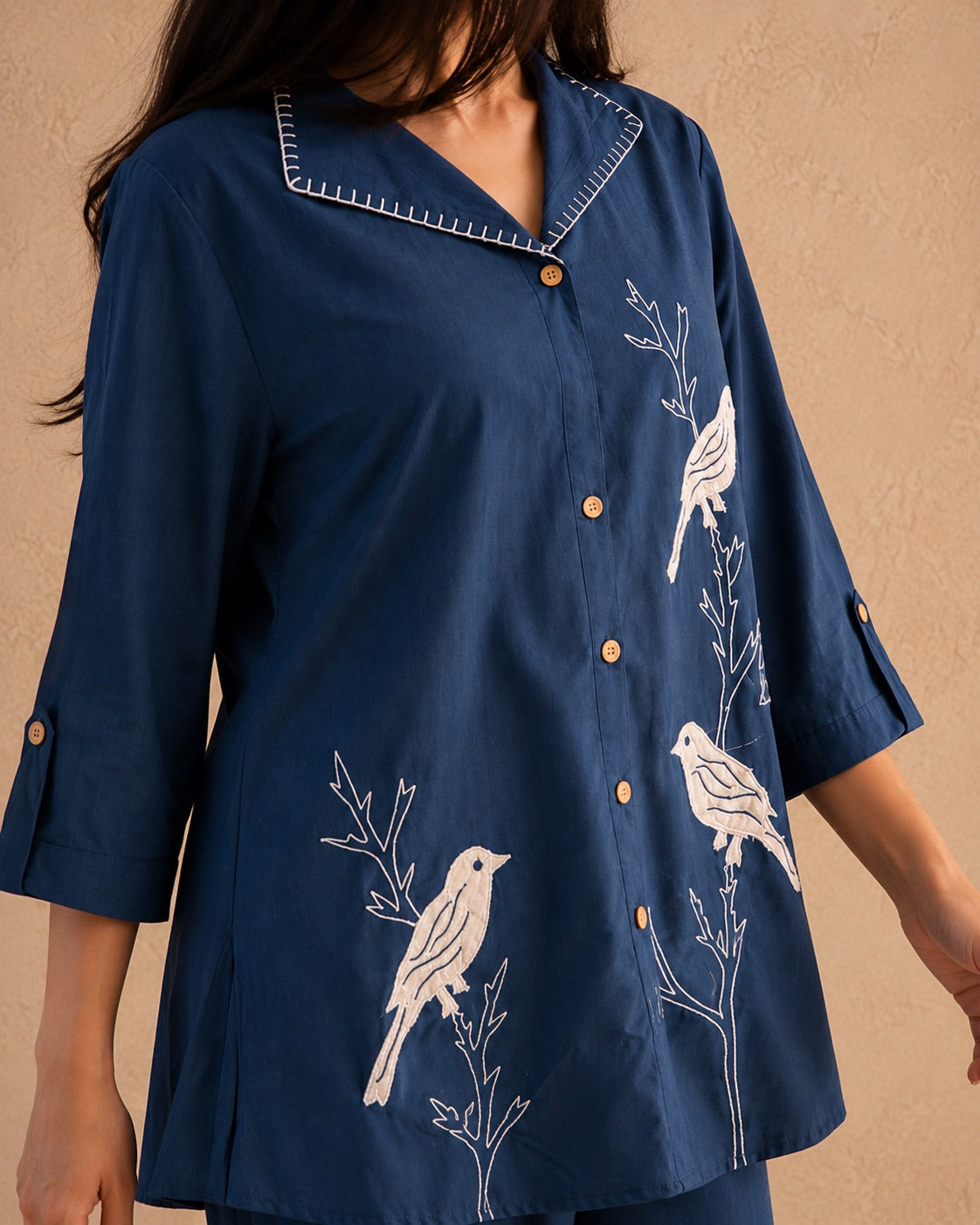 Navy Blue Bird Embroidery Cotton Co-ord Set