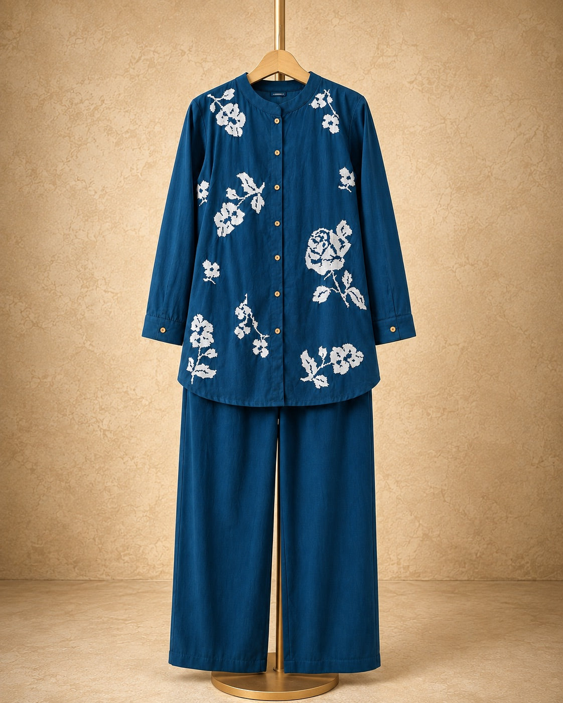 Navy Blue Floral Embroidery Cotton Co-ord Set