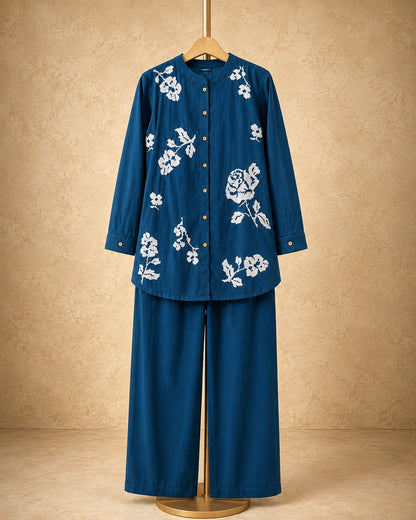 Navy Blue Floral Embroidery Cotton Co-ord Set
