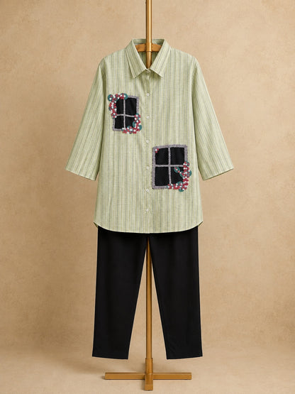 Sage Green & Black Linen Cotton Handwork Co-ord Set