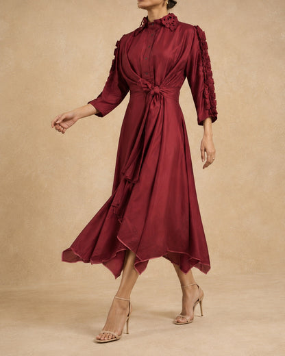 Maroon Asymmetrical High-Low Hem Dress - Cotton Flex Fabric