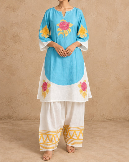 Sky Blue & White Mul Cotton Farsi Co-ord Set