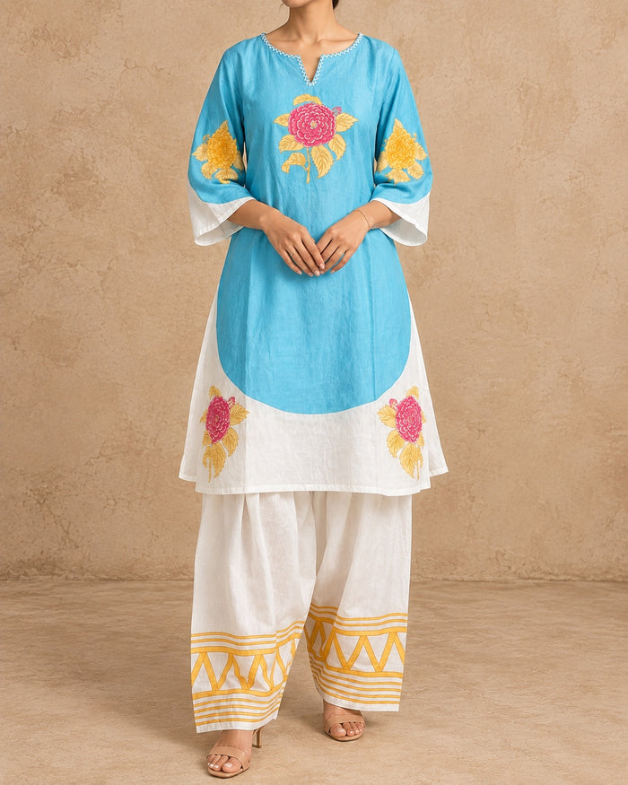Sky Blue & White Mul Cotton Farsi Co-ord Set