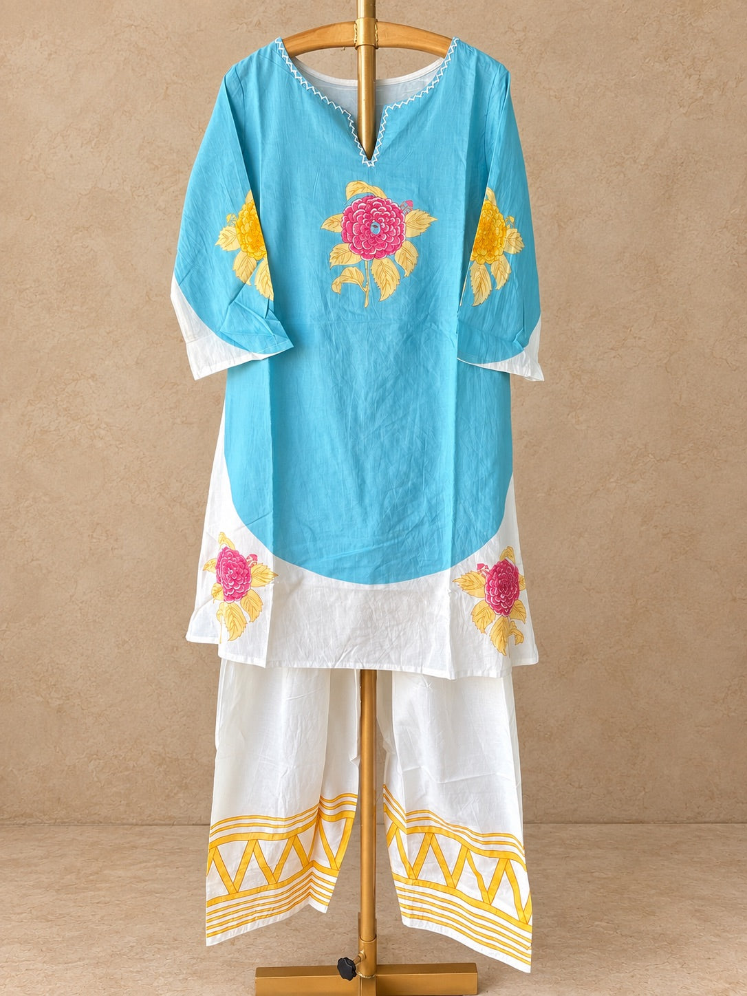Sky Blue & White Mul Cotton Farsi Co-ord Set