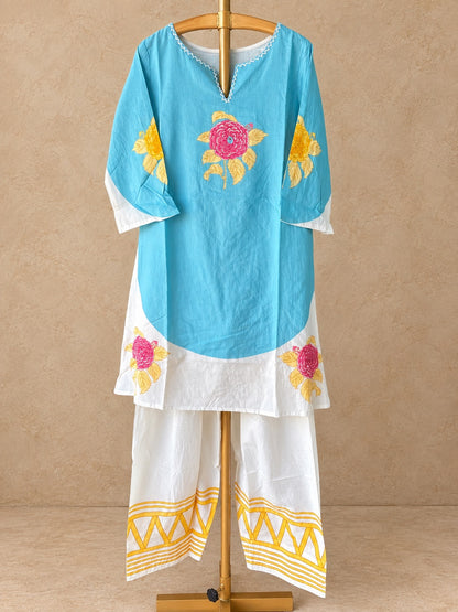 Sky Blue & White Mul Cotton Farsi Co-ord Set