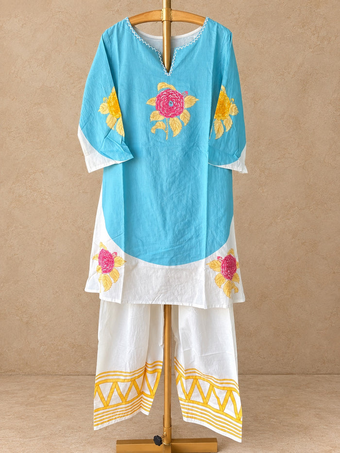 Sky Blue & White Mul Cotton Farsi Co-ord Set