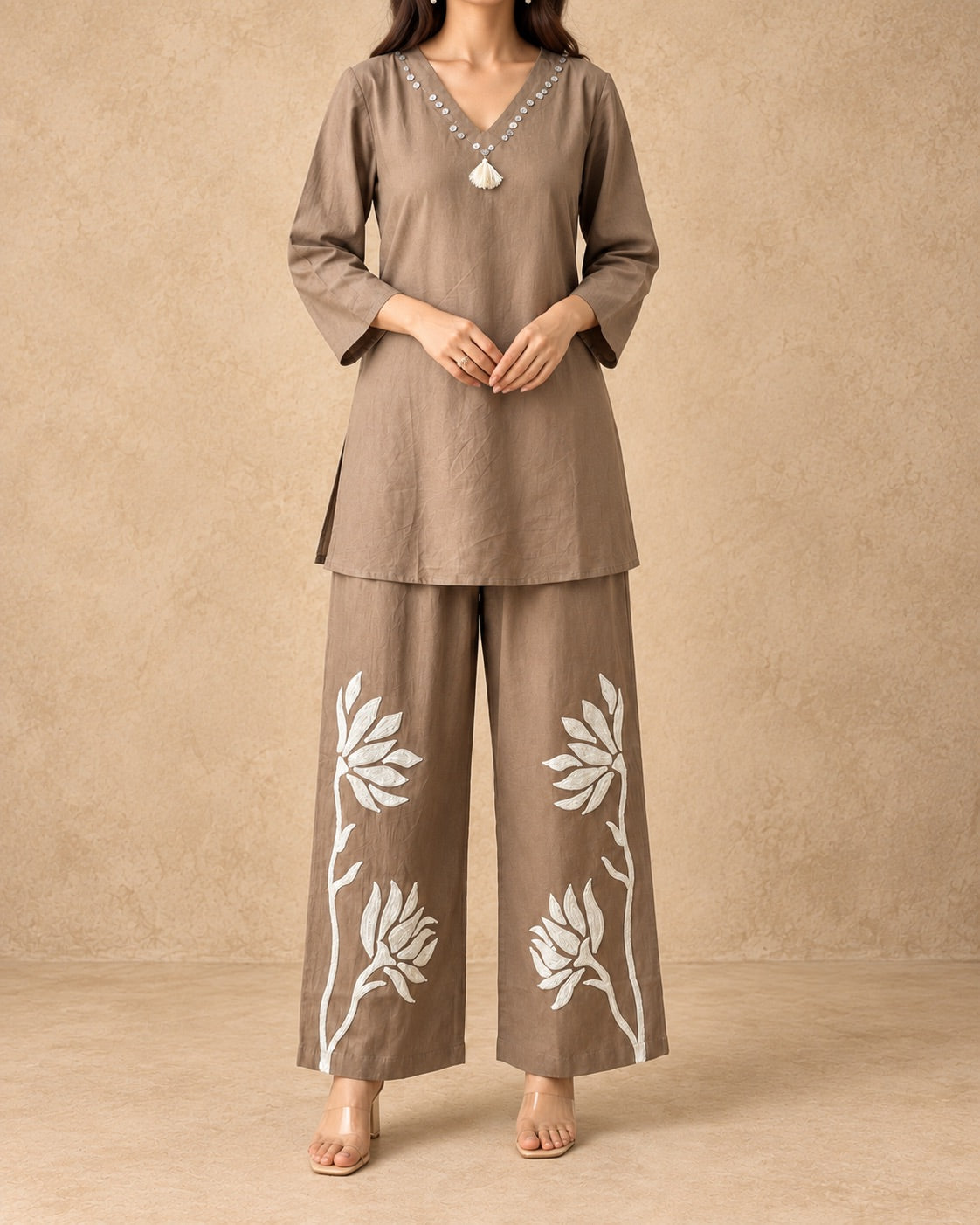 Beige & Ivory Cotton Appliqué Pant Co-ord Set