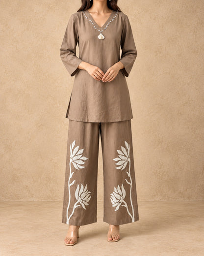Beige & Ivory Cotton Appliqué Pant Co-ord Set