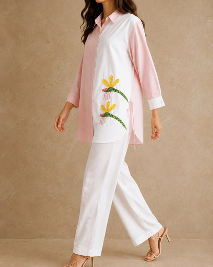 Dragonfly Embroidered Handwork Shirt (Pink Stripe)