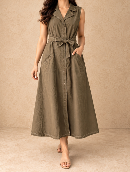 Army Green Sleeveless Belted Cotton Dress