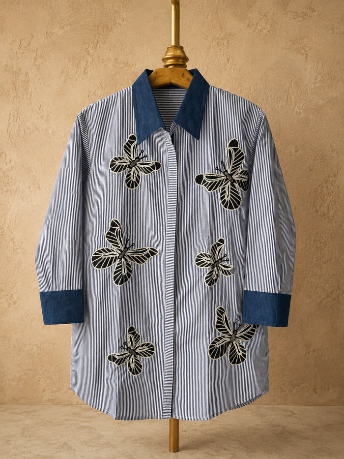 Butterfly Embroidered Handwork Shirt (Blue Stripe)