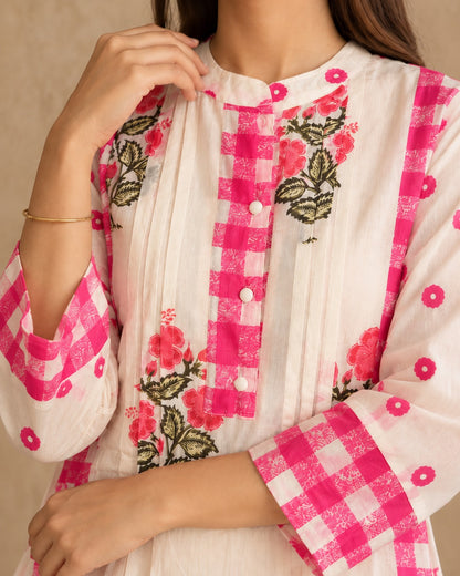 Ivory & Pink Gingham Floral Mul Cotton Farsi Co-ord Set