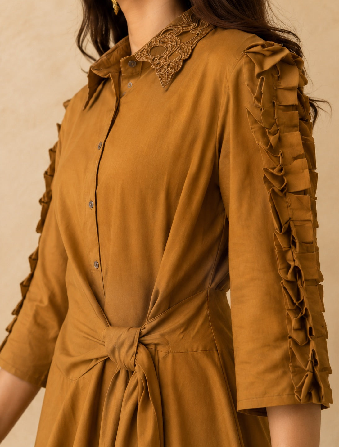 Mustard Asymmetrical High-Low Hem Dress - Cotton Flex Fabric