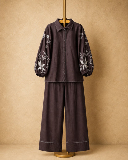 Espresso & Ivory Denim Handwork Embroidered Co-ord Set