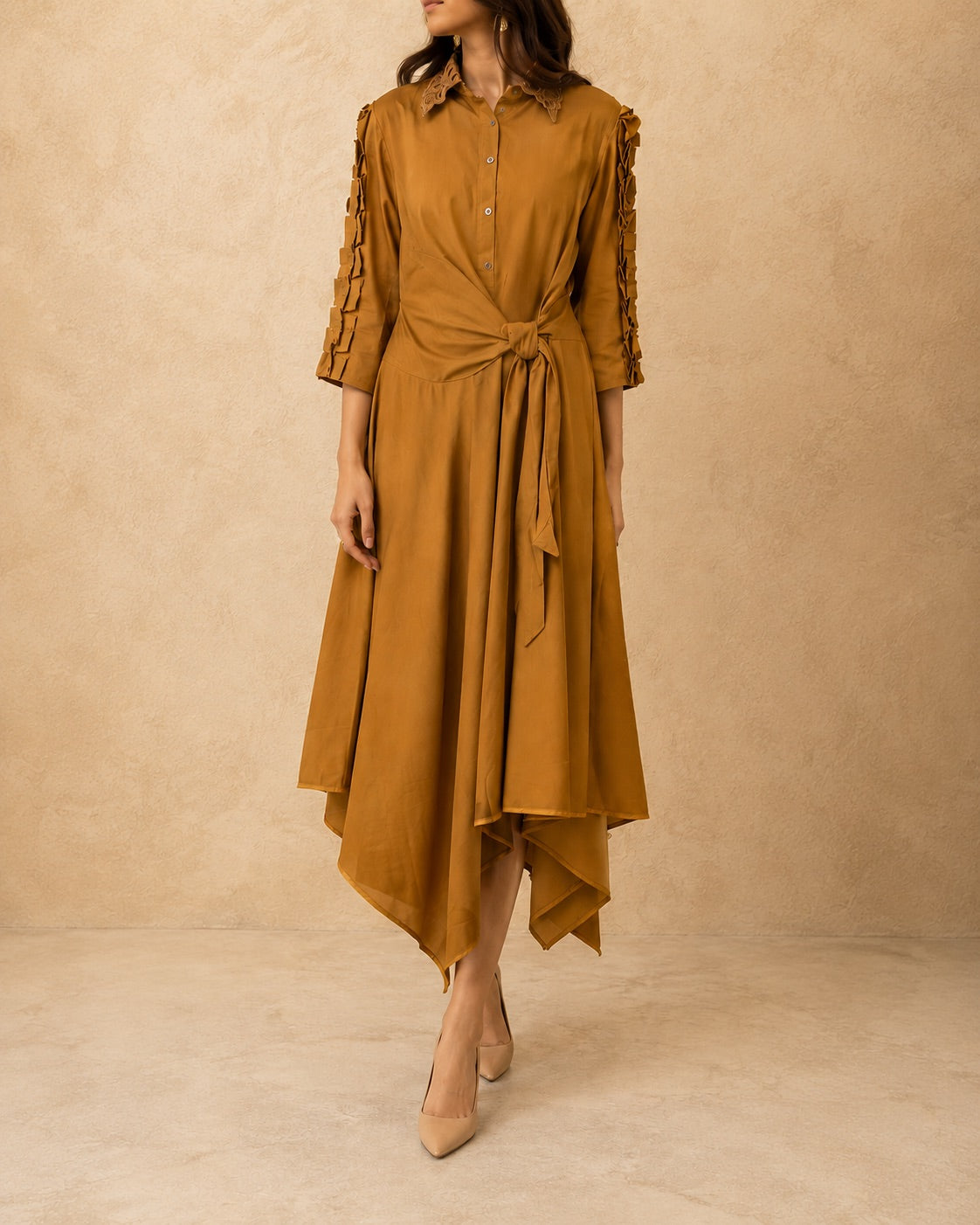 Mustard Asymmetrical High-Low Hem Dress - Cotton Flex Fabric