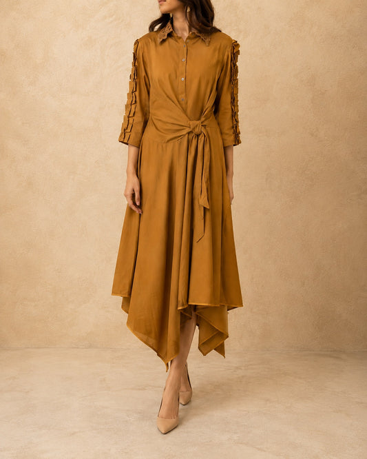 Mustard Asymmetrical High-Low Hem Dress - Cotton Flex Fabric