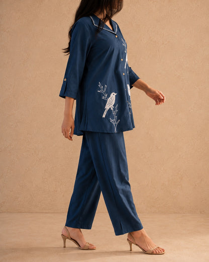 Navy Blue Bird Embroidery Cotton Co-ord Set