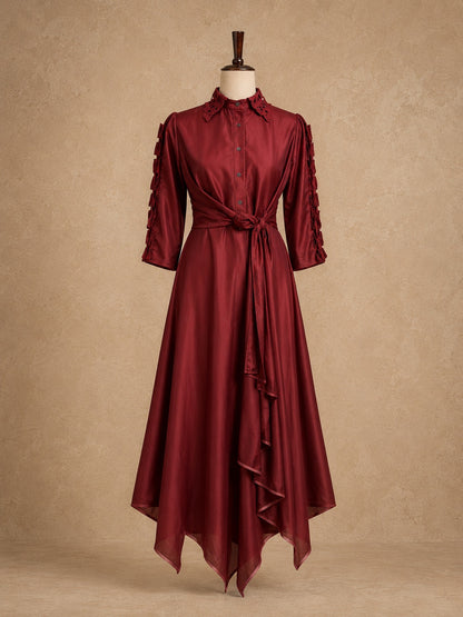 Maroon Asymmetrical High-Low Hem Dress - Cotton Flex Fabric