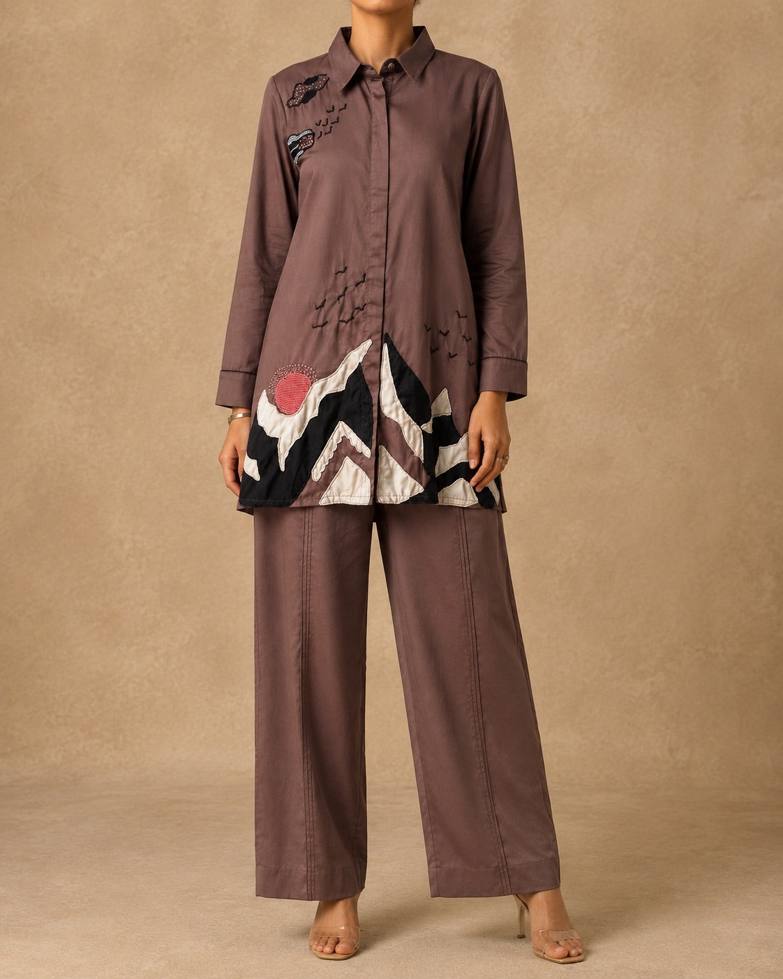 Mauve Brown Handwork Mountain Applique Co-ord Set