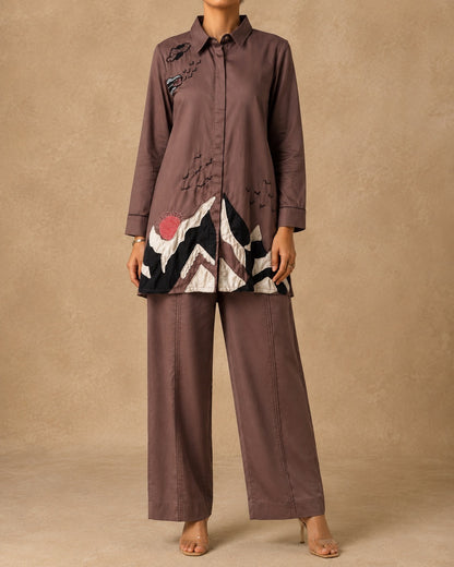 Mauve Brown Handwork Mountain Applique Co-ord Set
