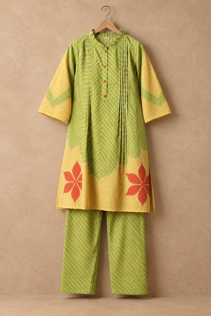 Parrot Green & Mustard Mul Cotton Farsi Co-ord Set