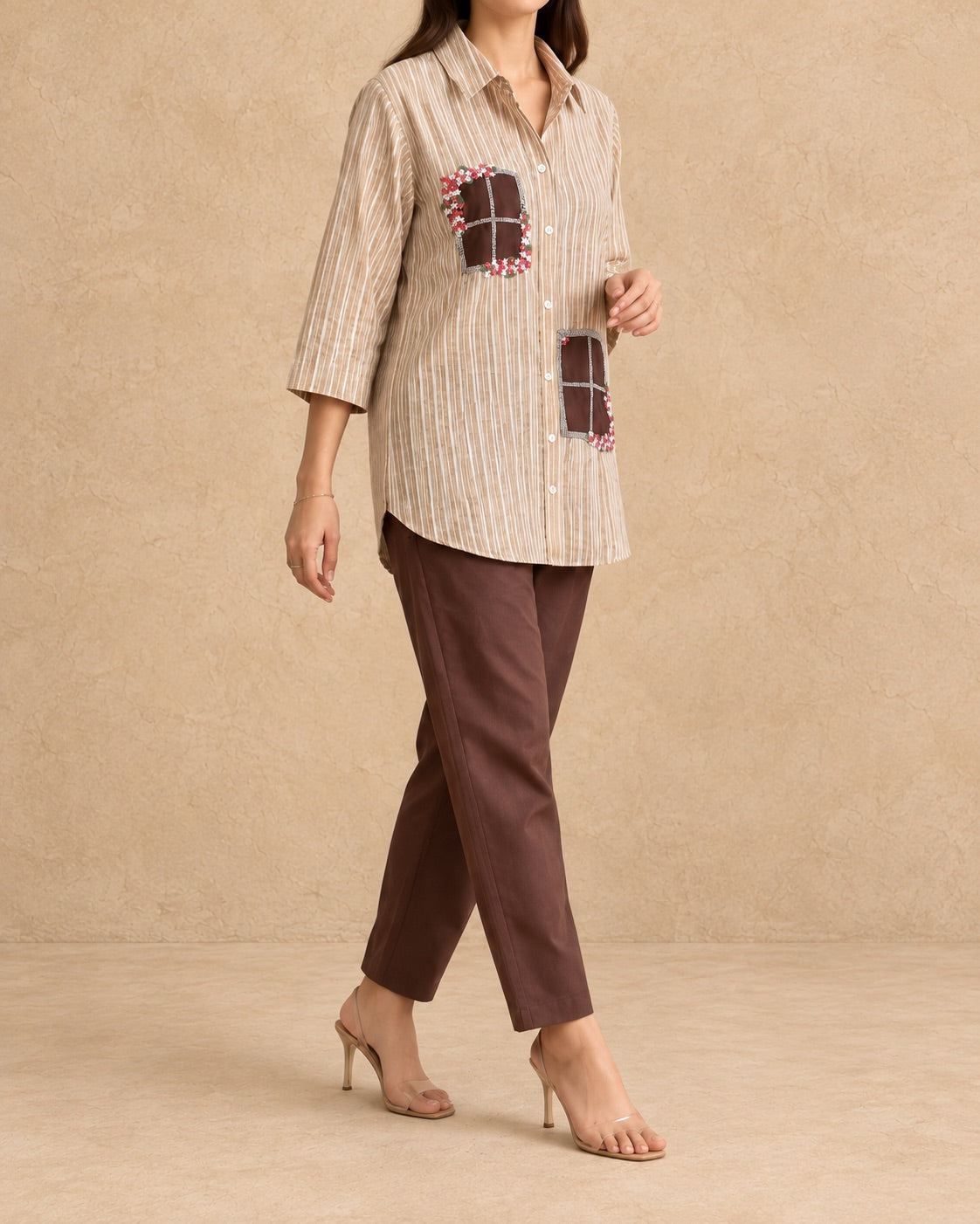 Tan Stripe & Brown Linen Cotton Handwork Co-ord Set