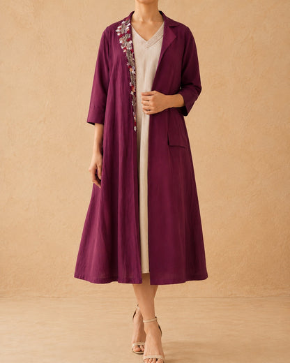 Maroon Floral Embroidered Linen Cotton Overcoat Dress Set