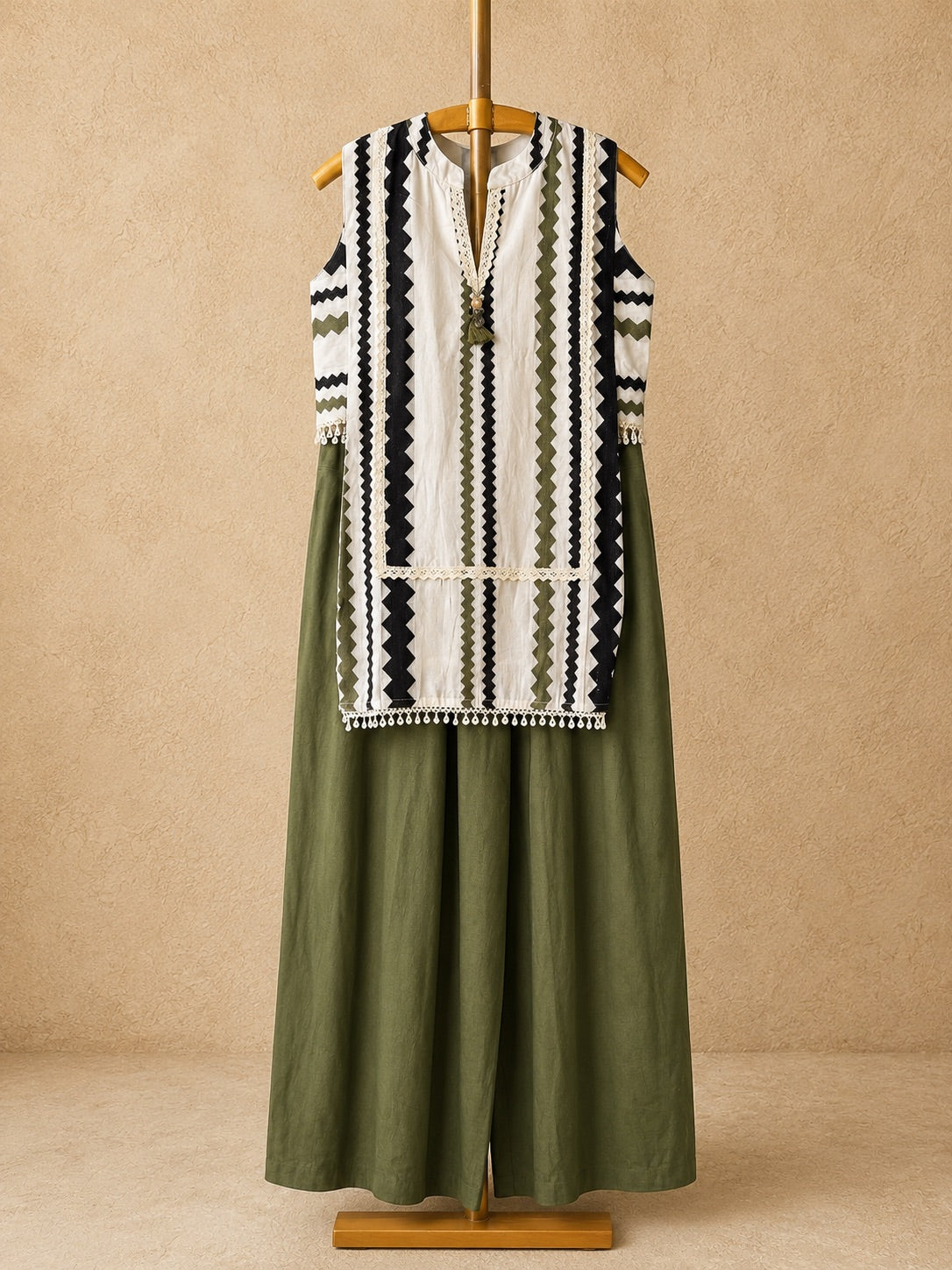 White & Olive Striped Linen Cotton Long Co-ord Set