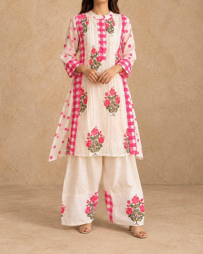 Ivory & Pink Gingham Floral Mul Cotton Farsi Co-ord Set