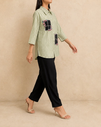 Sage Green & Black Linen Cotton Handwork Co-ord Set