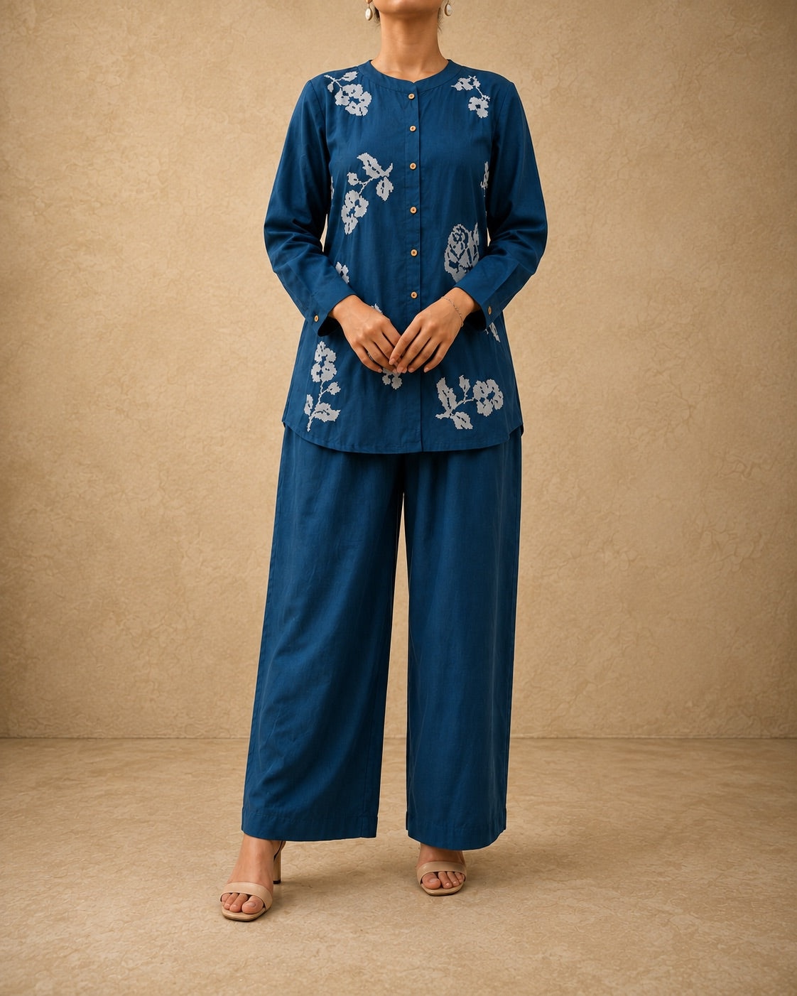 Navy Blue Floral Embroidery Cotton Co-ord Set