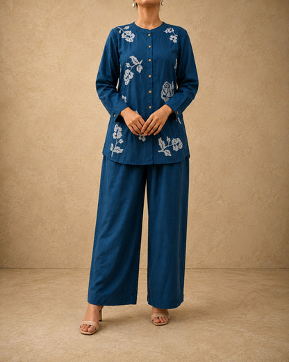 Navy Blue Floral Embroidery Cotton Co-ord Set