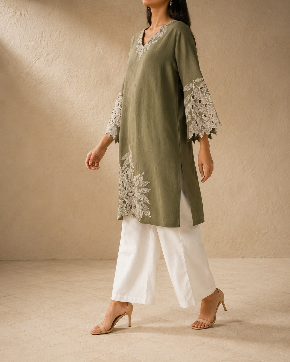 Green Cutwork Cotton Kurta Pant Set