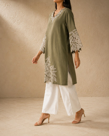 Green Cutwork Cotton Kurta Pant Set