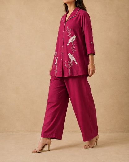 Magenta Pink Bird Embroidery Cotton Co-ord Set