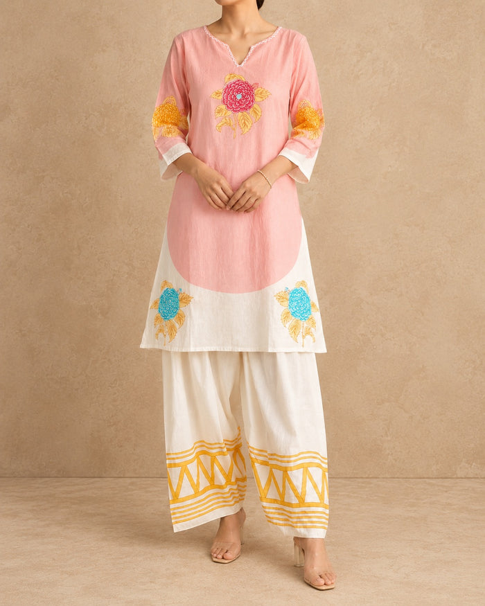 Blush Pink & White Mul Cotton Farsi Co-ord Set