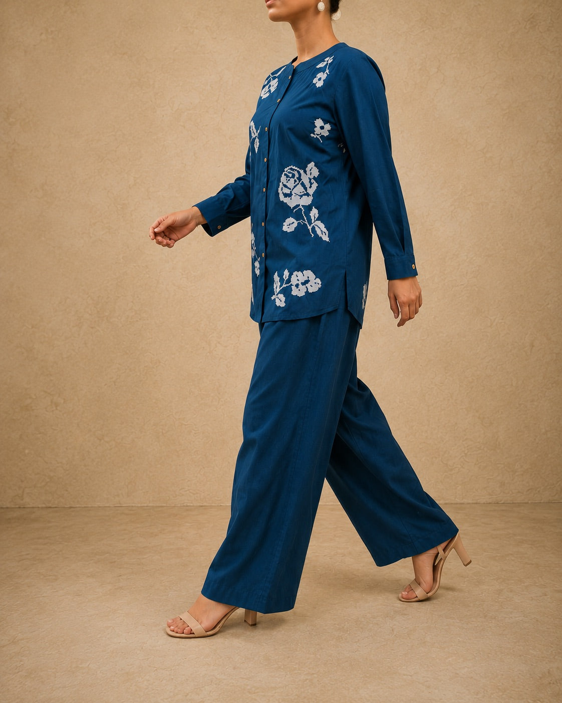 Navy Blue Floral Embroidery Cotton Co-ord Set