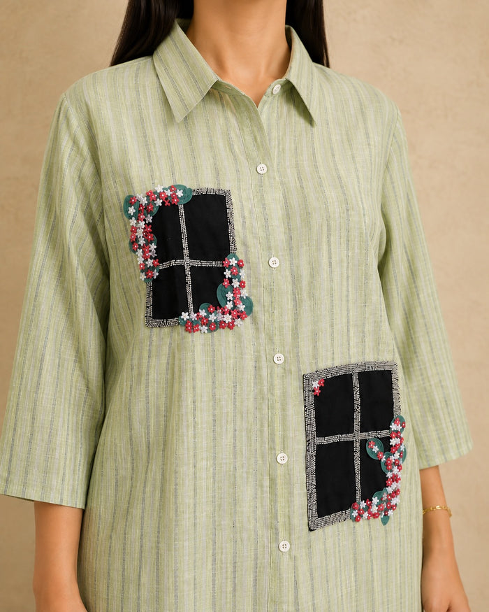 Sage Green & Black Linen Cotton Handwork Co-ord Set