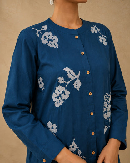 Navy Blue Floral Embroidery Cotton Co-ord Set